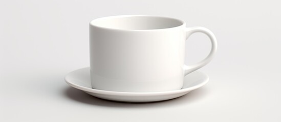 Poster - A porcelain white coffee cup and saucer placed on a white surface. The elegant drinkware set is perfect for serving hot beverages like tea or coffee