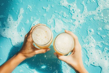 Wall Mural - Two glasses of frothy beers on a blue background with splashes of water