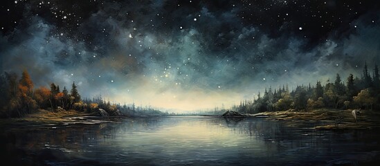 Wall Mural - a mesmerizing painting of a tranquil lake under a starry night sky, capturing the beauty of the natu