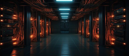 Poster - Inside the building, a dark hallway features rows of servers and bright electric blue lights. The symmetry of the room is accentuated by the magenta flooring