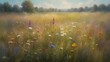 spring landscape with flowers, Imagine a tranquil scene where a field of wildflowers sways gracefully in the gentle breeze, captured in a dreamy and impressionistic style that evokes a sense of nostal