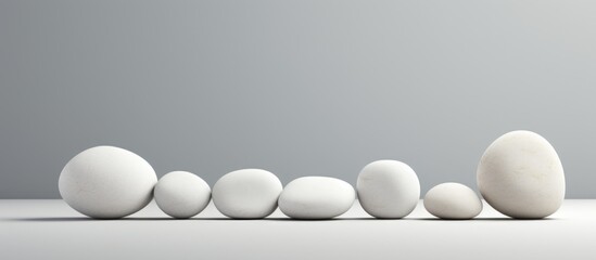 Wall Mural - A row of white eggs in different sizes arranged neatly on a table, captured in monochrome still life photography with a focus on texture and shape