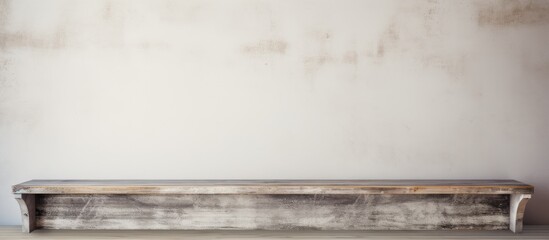 Wall Mural - A rectangular wooden bench sits beneath the sky, facing a white wall in the city. The horizon, ocean, and cumulus clouds form the landscape backdrop