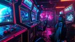 Virtual Reality Gaming Cinematic captures of virtual reality gaming arcades and futuristic gaming environments featuring neon-l  AI generated illustration