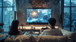 A man and a woman are sitting together on a comfortable couch, engrossed in watching a TV show on the television in front of them, couple gaming on tv