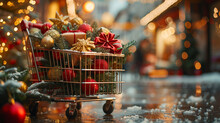 A Shopping Cart Filled To The Brim With A Colorful Array Of Christmas Decorations Such As Ornaments, Lights, Bows, And Garlands, Ready To Bring Holiday Cheer To Any Home