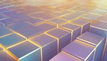 Blue And Lilac Blocks With Neon Lines And Glowing Background Futuristic Illustration Abstract 3d Geometric Shapes Cyberspace Technology Concept Business Web Design