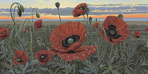 Wall Mural - Vintage Style Illustration of Red Poppies at Sunset with Detailed Texture and a Calming Countryside Landscape in the Background