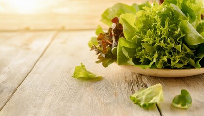 Wall Mural - fresh green lettuce salad mix on light wooden background with copy space