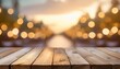 empty wooden table with blurred background with bokeh lights