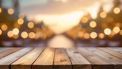 Canvas Print - empty wooden table with blurred background with bokeh lights