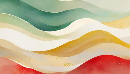 Poster - christmas wave watercolor wavy abstract illustration red green yellow happy cartoon snow wave background for winter holiday travel wavy water web banner minimalism backdrop graphic for copy space