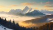 ai generated generative mist magic snowy mountain range with forest fog in the morning landscape background nature adventure hiking tour promotion