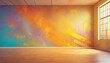 an empty interior background with colorful abstract graffiti on front wall