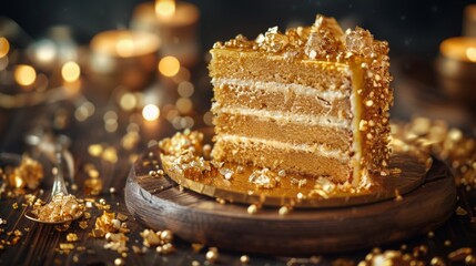 Sticker - A slice of cake on a wooden plate with candles and gold decorations, AI