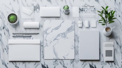 Wall Mural - A marble countertop with a variety of business stationery items, AI