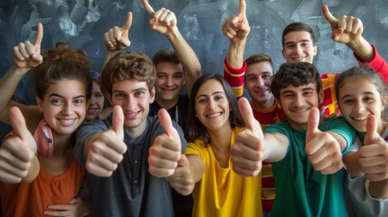 Wall Mural - A group of young people giving thumbs up with their hands, AI