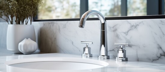 Sticker - A Building with a bathroom sink featuring a faucet and a vase of flowers on the counter. Interior design incorporates Plumbing fixtures and a Tree outside the Window