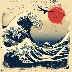 Sticker - A painting of a wave with a red sun in the background