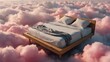 photo of an suitcase on the beach, In the serene and peaceful place of floating on a bed of pink clouds, surrounded by a dreamy sky, the music would likely reflect the tranquil and ethereal nature of 