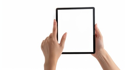 Close-up woman of Left hand held, right hand use finger touches with digital tablet white screen isolated on white background.