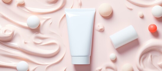 Sticker - A white tube of cream is nestled among sponges and surrounded by soft pink hues. The image evokes a sense of skincare and pampering for the nose, skin, chin, eyebrows, eyes, lashes, mouth, and neck