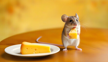 Wall Mural - A mouse standing on a wooden dining table with a piece of cheese in front of it.