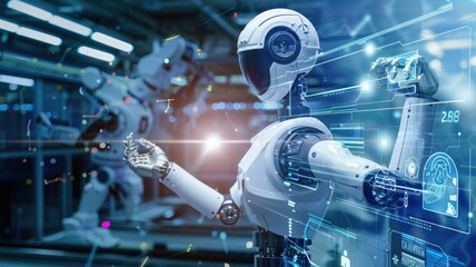 Poster - Futuristic robot hand interacting digital interface - Advanced robotic hand interacting with a high-tech digital interface within a modern industrial setting