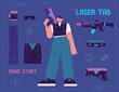 Laser tag indoor survival game. A set of Freyr holding a laser gun and combat equipment. flat vector illustration.