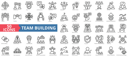 Team building icon collection set. Containing collaboration, trust, communication, leadership, motivation, problem solving, cooperation icon. Simple line vector.