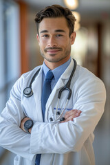 Poster - a man in a white lab coat and blue tie stands with his arms crossed. he is wearing a stethoscope aro