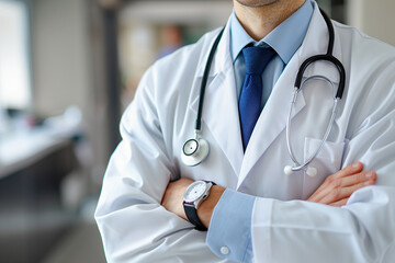 Poster - a man in a white lab coat and blue tie stands with his arms crossed. he is wearing a stethoscope aro