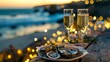 Luxury dinner with oyster food on sea beach near water wallpaper background
