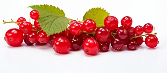 Wall Mural - A colorful bunch of red currants with vibrant green leaves, a seedless fruit packed with nutrients and antioxidants. A beautiful art of natures produce on a white background