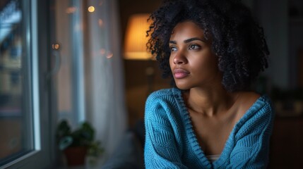 Wall Mural - A woman with curly hair looking out a window, AI