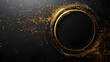 A circular golden sparkly element in the center of the image, with a dark background and speckles of light in various shades of gold.