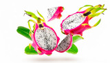 Fototapeta Boho - dragonfruits with half slices dragon fruit falling or flying in the air with green leaves isolated on white background. Generative AI
