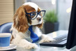 © Irina - Business animal dog in sunglasses, suit and tie at work is working at computer laptop in office