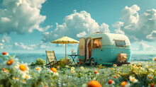 A Small Trailer Is Parked In A Flowery Field Next To A Table And Chairs. The Sky Is Filled With Clouds.
