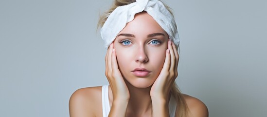 Sticker - A fashion model with layered hair and electric blue eye shadow is making a gesture with her hands, covering her face with a towel wrapped around her head