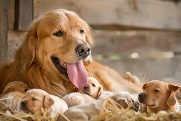 Canvas Print - Golden retriever with puppies lying down