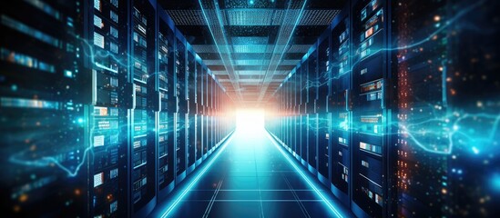 Poster - A long hallway in the data center is filled with rows of Azure servers, illuminated by visual effect lighting in electric blue, creating a symmetrical and artistic display