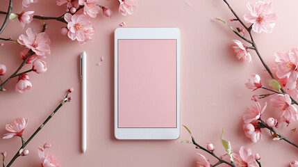 Wall Mural - a pink phone with a pen and flowers