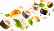 Sushi japanese food falling or flying in the air with green leaves isolated on white background. Generative AI