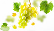 Grape falling or flying in the air with green leaves isolated on white background. Generative AI
