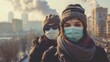 People in protective mask. Air pollution city smog from factory concept. Background concept