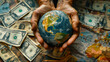 Close view of hands holding a globe over financial newspapers, symbolizing global economic challenges, contrasted with a map of the world and various currencies scattered around