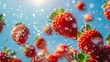 © Seksan - Fresh strawberries tumbling through a clear blue sky, summer sweetness