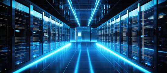 Poster - A server room with numerous rectangular servers emitting electric blue lights. The aqua glow creates a beautiful symmetry in the room