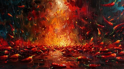 Wall Mural - A rain of chili peppers, spicing up the streets with vibrant colors